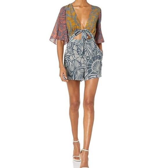 BCBGMAXAZRIA Ivy Cotton Silk Blocked Floral Print Tie Front Romper Size XS - Picture 12 of 13